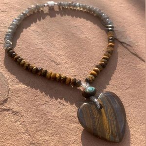 labradorite & Tiger’s eye extra large heart necklace beaded on hand-knotted silk